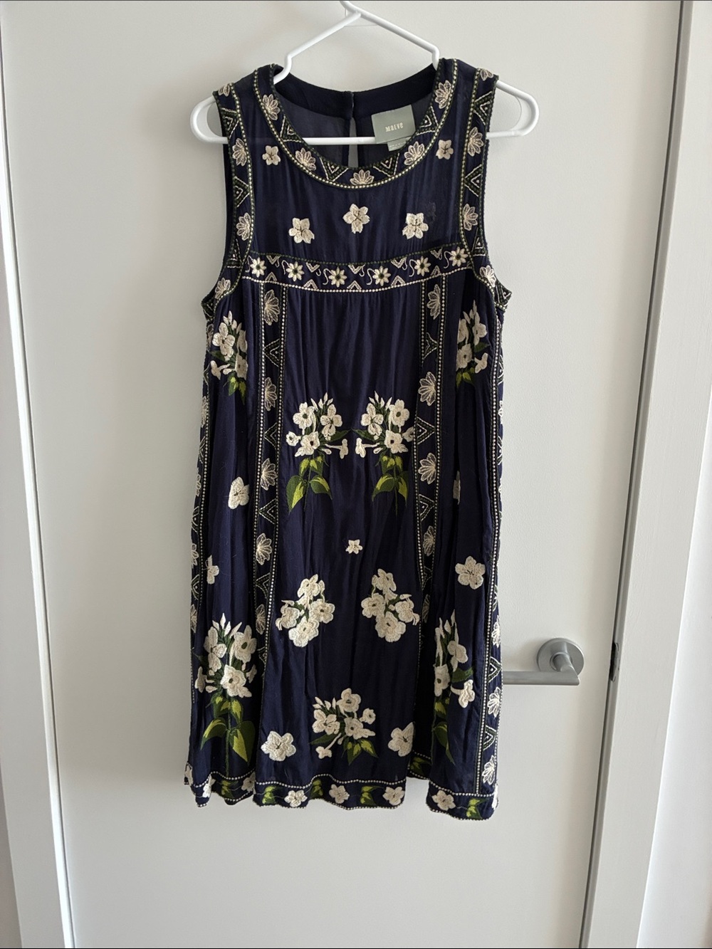 Maeve (Anthropologie) Navy Dress with Cream Floral Embroidery